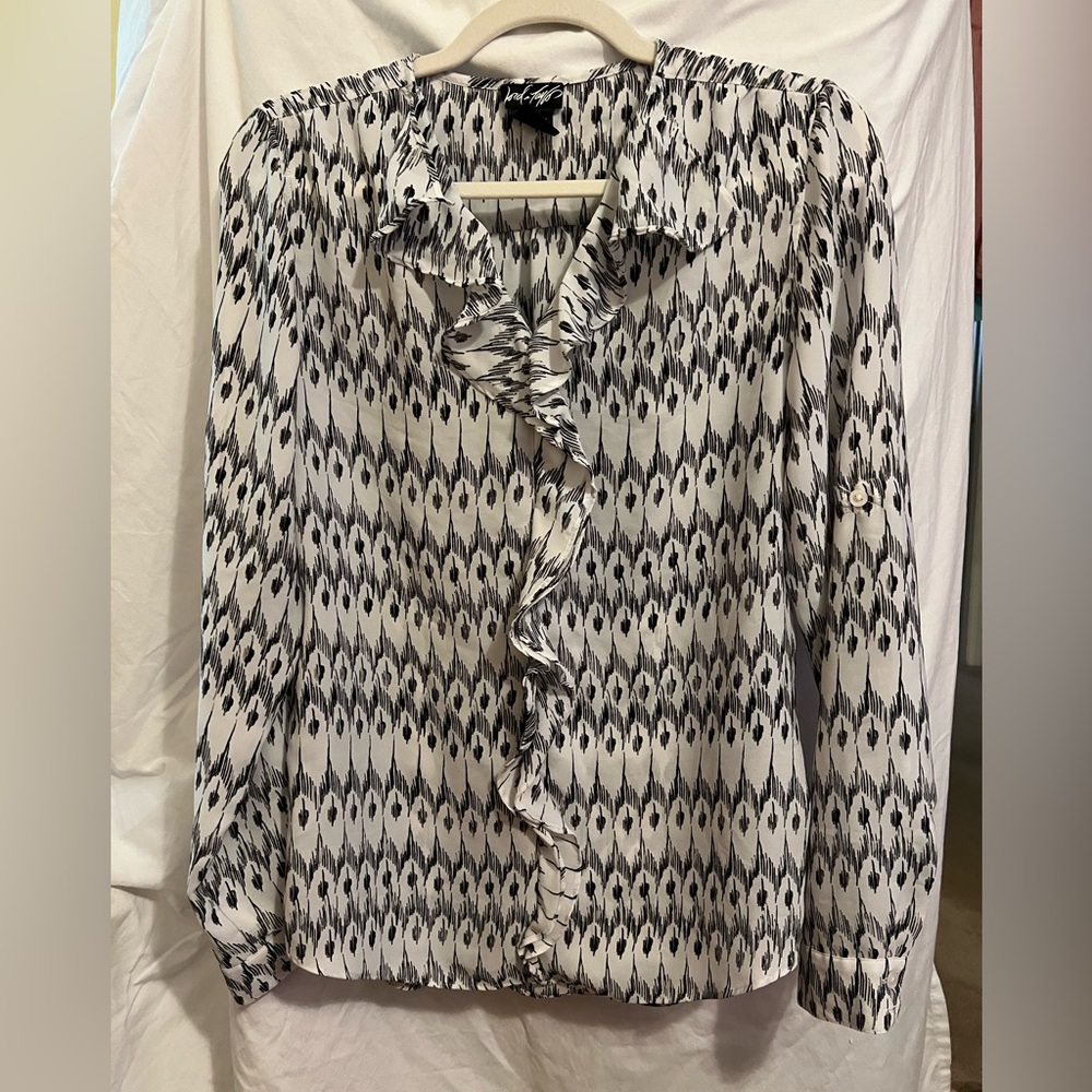 Lord & Taylor White & Black Blouse with Ruffles Size S